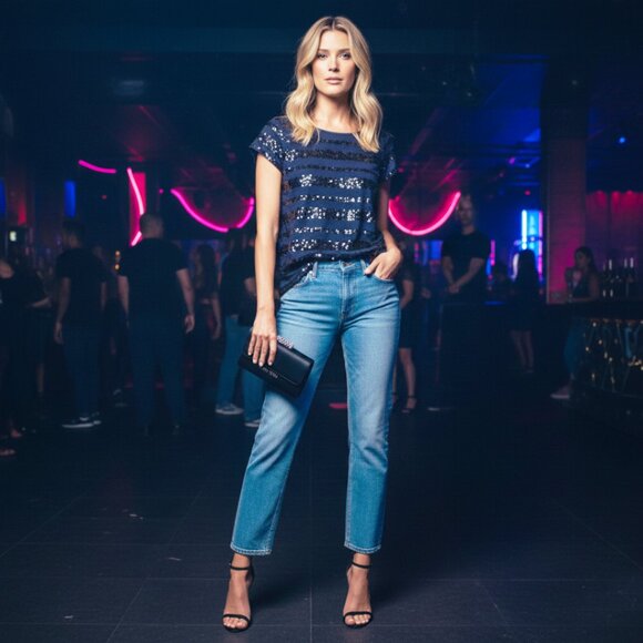 Joe Navy Blue Sequin Stripe Stretch Cotton T-Shirt | Boat Neck - Picture 10 of 16